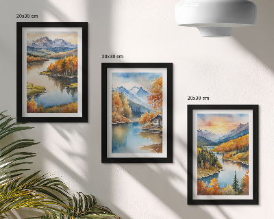 Stenska galerija slik Jesenske gorske pokrajine z reko in kočo ob vodi