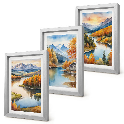 Stenska galerija slik Jesenske gorske pokrajine z reko in kočo ob vodi