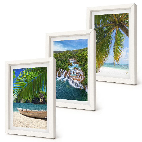 Set 3 slik v okvirju Plaža s čolnom, slapovi in palmami v tropih