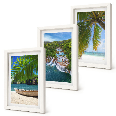 Set 3 slik v okvirju Plaža s čolnom, slapovi in ​​palmami v tropih