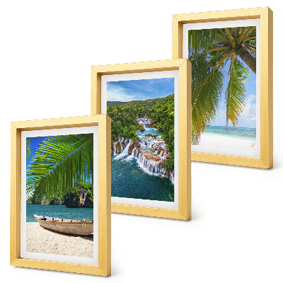 Set 3 slik v okvirju Plaža s čolnom, slapovi in ​​palmami v tropih