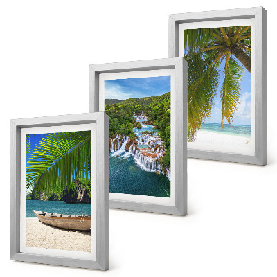 Set 3 slik v okvirju Plaža s čolnom, slapovi in ​​palmami v tropih
