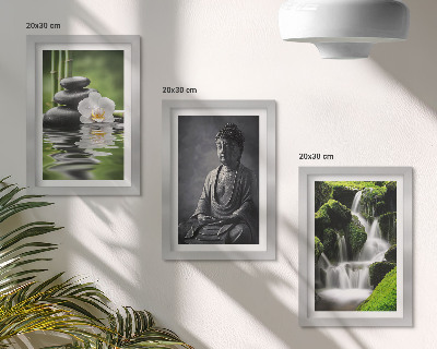 Set 3 slik v okvirju Sproščujoče ZEN slike z vodo, kamni in Budo