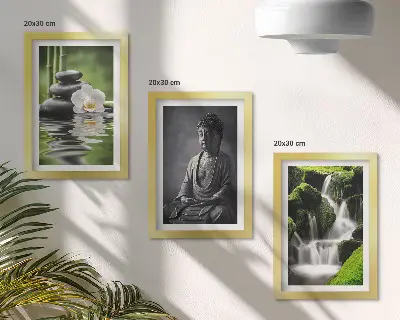 Komplet 3 slik v okvirju sproščujoč motiv z vodo, kamni in Budo