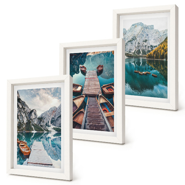 Set 3 slik v okvirju Jezero z lesenimi pomoli in gorami