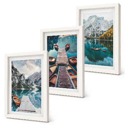 Set 3 slik v okvirju Jezero z lesenimi pomoli in gorami