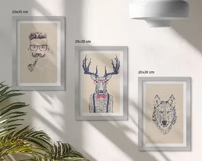 Komplet slik v okvirju z motivi elegantnih portretov živali in moških