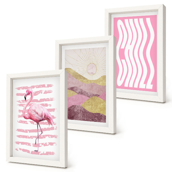 Set 3 slik v okvirju Roza flamingi pastelna gorska pokrajina hladni napisi