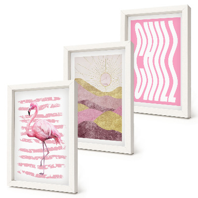 Set 3 slik v okvirju Roza flamingi pastelna gorska pokrajina hladni napisi