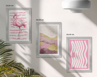Set 3 slik v okvirju Roza flamingi pastelna gorska pokrajina hladni napisi