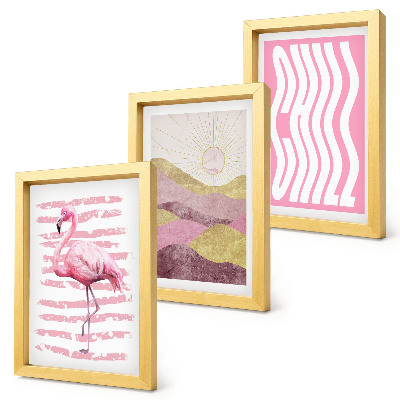 Set 3 slik v okvirju Roza flamingi pastelna gorska pokrajina hladni napisi