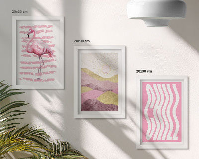 Set 3 slik v okvirju Roza flamingi pastelna gorska pokrajina hladni napisi