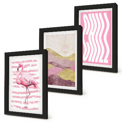 Set 3 slik v okvirju Roza flamingi pastelna gorska pokrajina hladni napisi