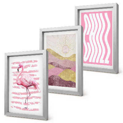 Set 3 slik v okvirju Roza flamingi pastelna gorska pokrajina hladni napisi