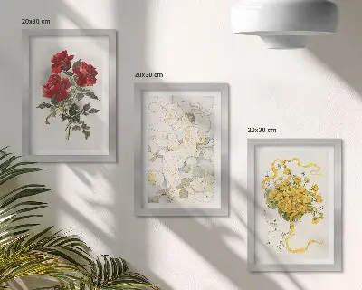 Stenska galerija slik rdeče vrtnice, bela figura in rumeni cvetovi v vazi