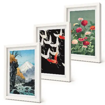Stenska galerija slik z motivom gora, slapu, ptic v letu in pisanega cvetja