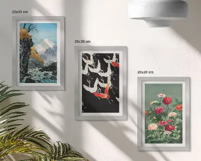 Stenska galerija slik z motivom gora, slapu, ptic v letu in pisanega cvetja