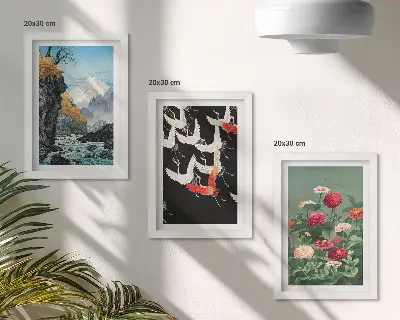 Stenska galerija slik z motivom gora, slapu, ptic v letu in pisanega cvetja