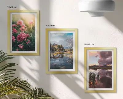 Stenska galerija slik rože na vrtu ter gore ob mirni gladini vode