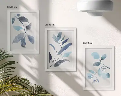 Komplet 3 slik v okvirju modri listi na svetlem ozadju v akvarelnem slogu