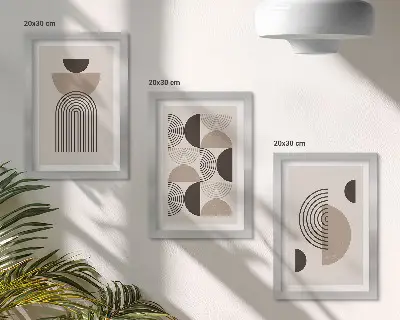 Stenska galerija slik z abstraktnimi geometrijskimi vzorci v minimalističnem slogu