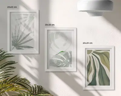 Stenska galerija slik z motivi rastlinskih listov v odtenkih zelene in sive barve
