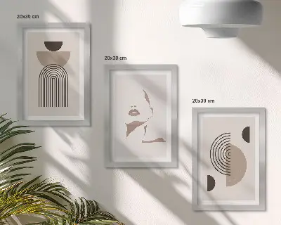 Komplet slik v okvirju z abstraktnimi geometrijskimi oblikami in silhueto obraza