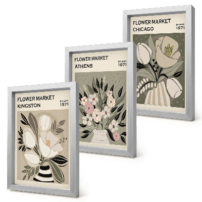 Set 3 slik v okvirju Cvetlični aranžmaji v retro slogu iz različnih mest