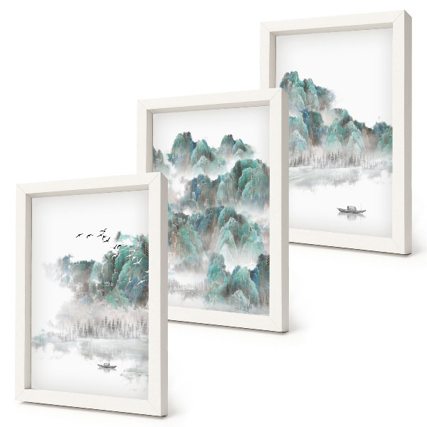 Set 3 slik v okvirju Gore v oblakih s pticami in čolnom na vodi (japandi)