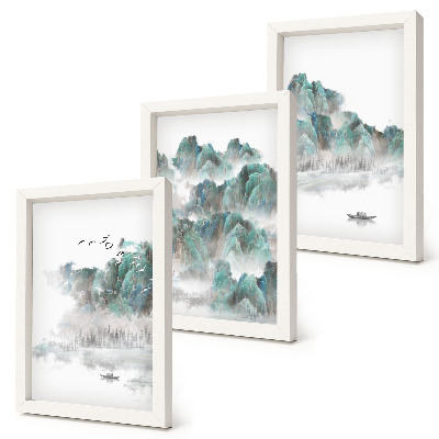 Set 3 slik v okvirju Gore v oblakih s pticami in čolnom na vodi (japandi)