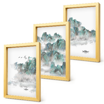 Set 3 slik v okvirju Gore v oblakih s pticami in čolnom na vodi (japandi)