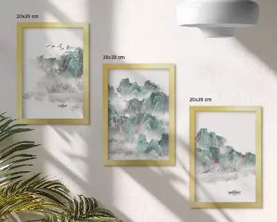 Komplet 3 slik v okvirju gore v oblakih s pticami in čolnom na vodi v japandi slogu
