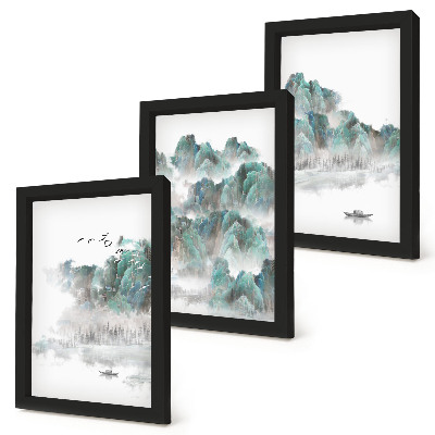 Set 3 slik v okvirju Gore v oblakih s pticami in čolnom na vodi (japandi)