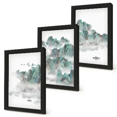Komplet 3 slik v okvirju gore v oblakih s pticami in čolnom na vodi v japandi slogu