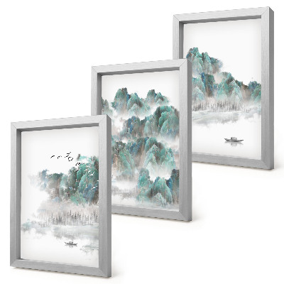 Set 3 slik v okvirju Gore v oblakih s pticami in čolnom na vodi (japandi)
