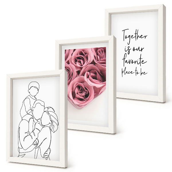 Set 3 slik v okvirju Družinski lineartni napis za dom v obliki šopka vrtnic
