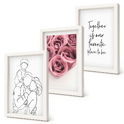 Set 3 slik v okvirju Družinski lineartni napis za dom v obliki šopka vrtnic