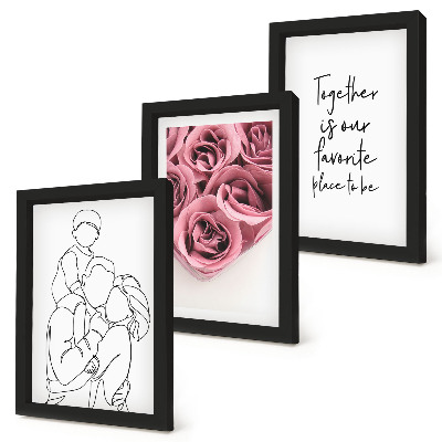 Set 3 slik v okvirju Družinski lineartni napis za dom v obliki šopka vrtnic