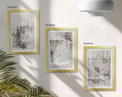 Stenska galerija slik z vzorci lesnih zrn v odtenkih sive in bele