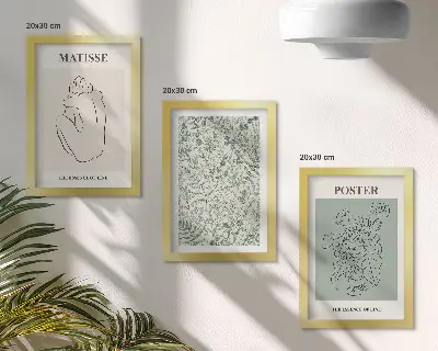 Komplet 3 slik v okvirju z minimalističnimi linijami in rastlinskimi vzorci