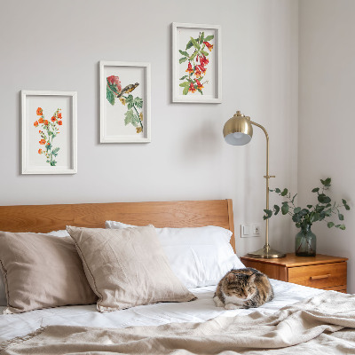 Set 3 slik v okvirju Poslikane retro rože in ptica na veji