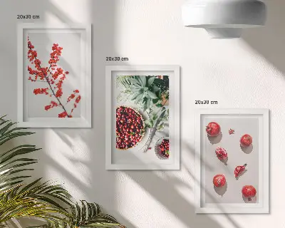 Komplet 3 slik v okvirju z motivom rdečega sadja in rastlin v minimalističnem slogu