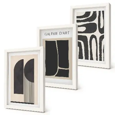Komplet 3 minimalističnih plakatov z abstraktnimi oblikami slike v okvirjih
