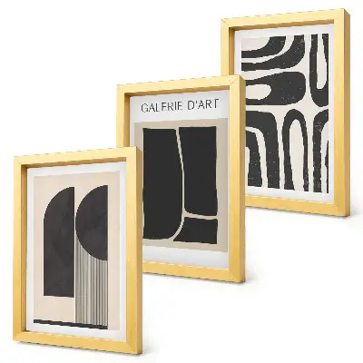 Komplet 3 minimalističnih plakatov z abstraktnimi oblikami slike v okvirjih