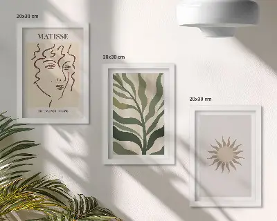 Stenska galerija slik z abstraktnimi rastlinskimi vzorci in črtami v umirjenih barvah