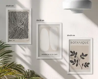 Komplet slik v okvirju s cvetličnim vzorcem in minimalističnimi linijami v nevtralnih barvah
