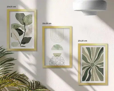 Komplet slik v okvirju z rastlinskimi motivi in geometrijskimi oblikami v zeleni barvi