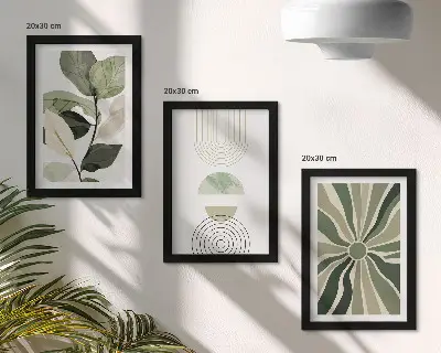 Komplet slik v okvirju z rastlinskimi motivi in geometrijskimi oblikami v zeleni barvi