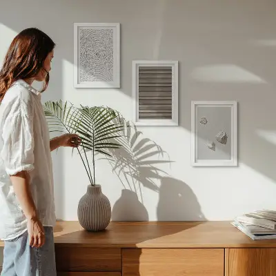Komplet 3 slik v okvirju z motivom naravnih tekstur lesa, kamnov in vrvi