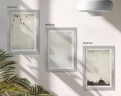 Komplet 3 slik v okvirju minimalistične dekoracije s pticami, kamni in potezami čopiča
